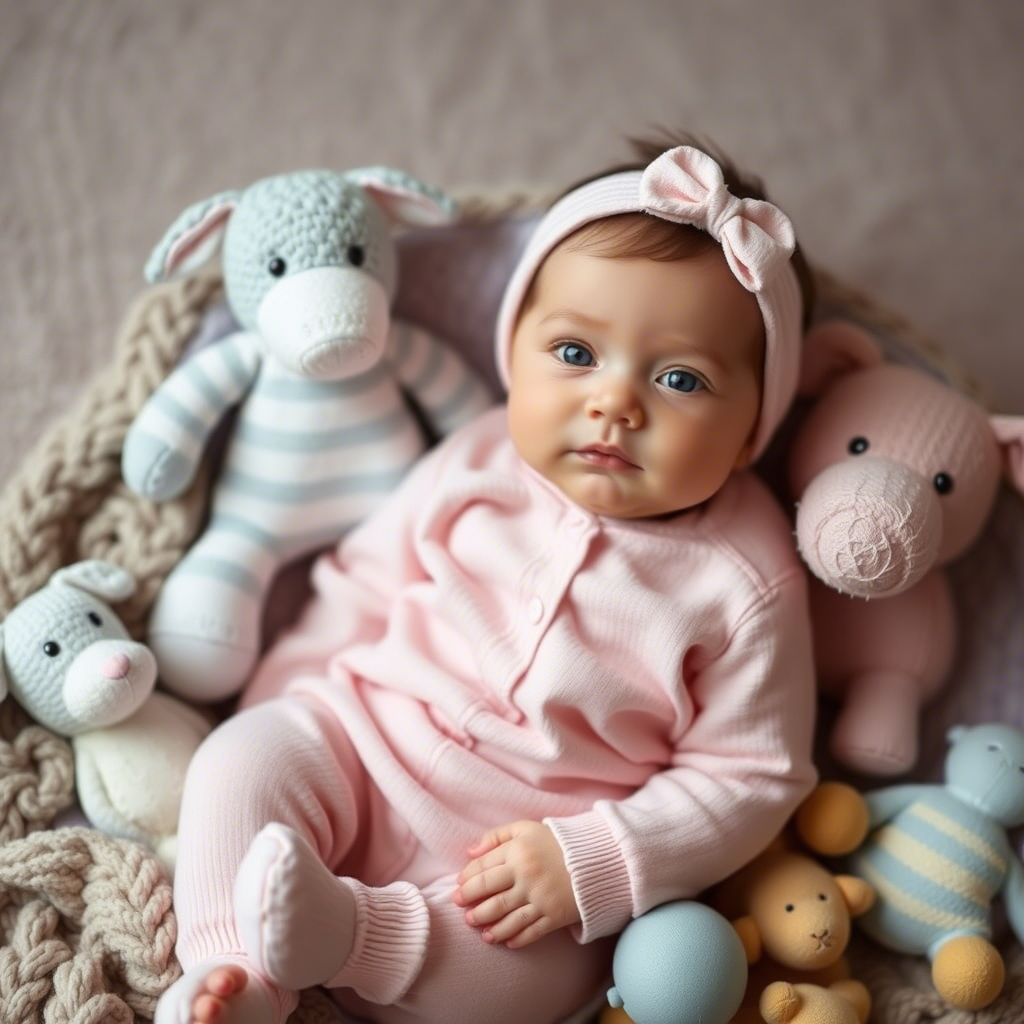 Adorable newborn baby in pastel colored clothes surrounded by toys