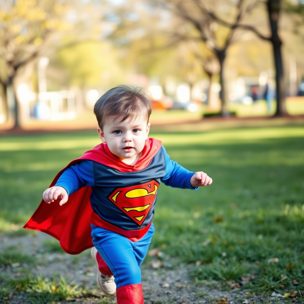 Adorable toddler boy in a superhero costume running in a park
