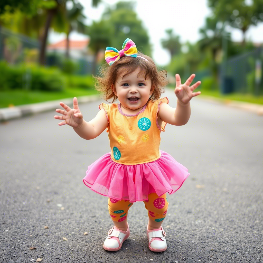 Adorable toddler girl dressed in vibrant outfit, having fun