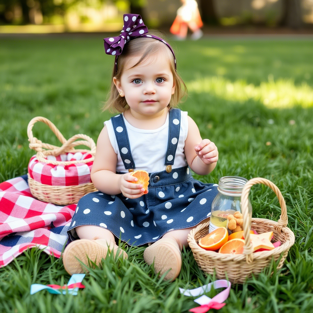 Adorable toddler girl in stylish kids’ clothing having a picnic