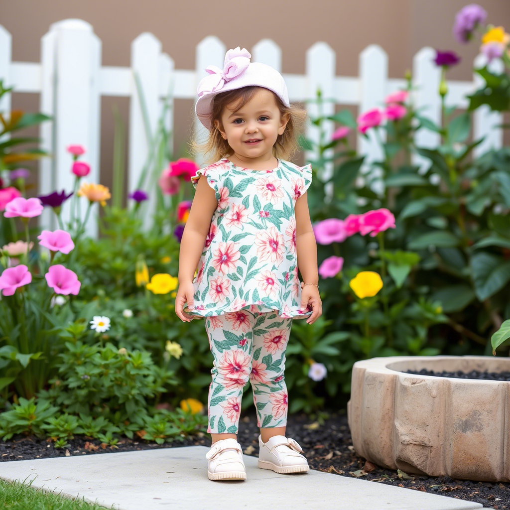 Adorable toddler girl modeling floral clothing in garden