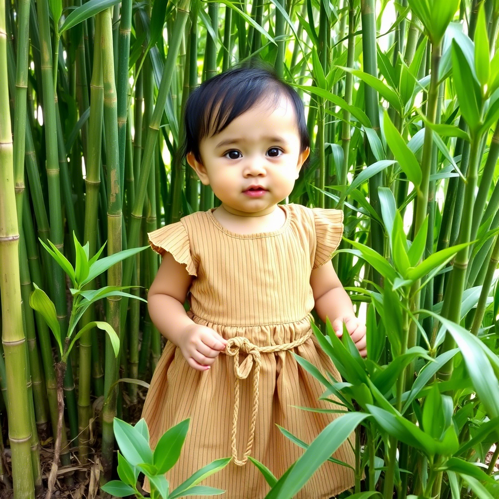Adorable toddler in bamboo dress surrounded by bamboo plants