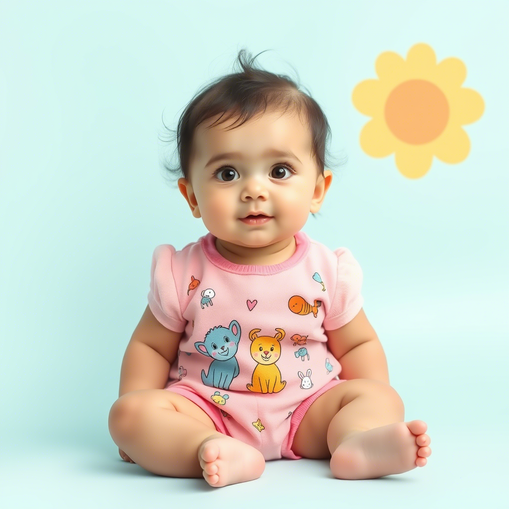 Adorable toddler in pastel-colored romper with cartoon characters on it