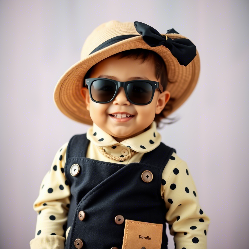 Adorable toddler in stylish outfit, posing with a big smile