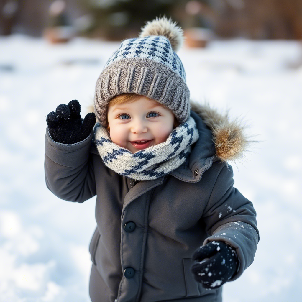 Adorable toddler in stylish winter clothing playing in snow