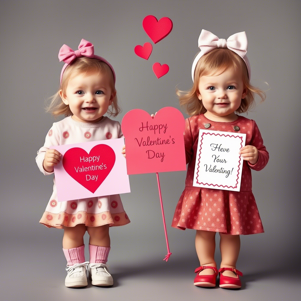 Adorable toddlers holding Valentine’s Day cards with sweet messages
