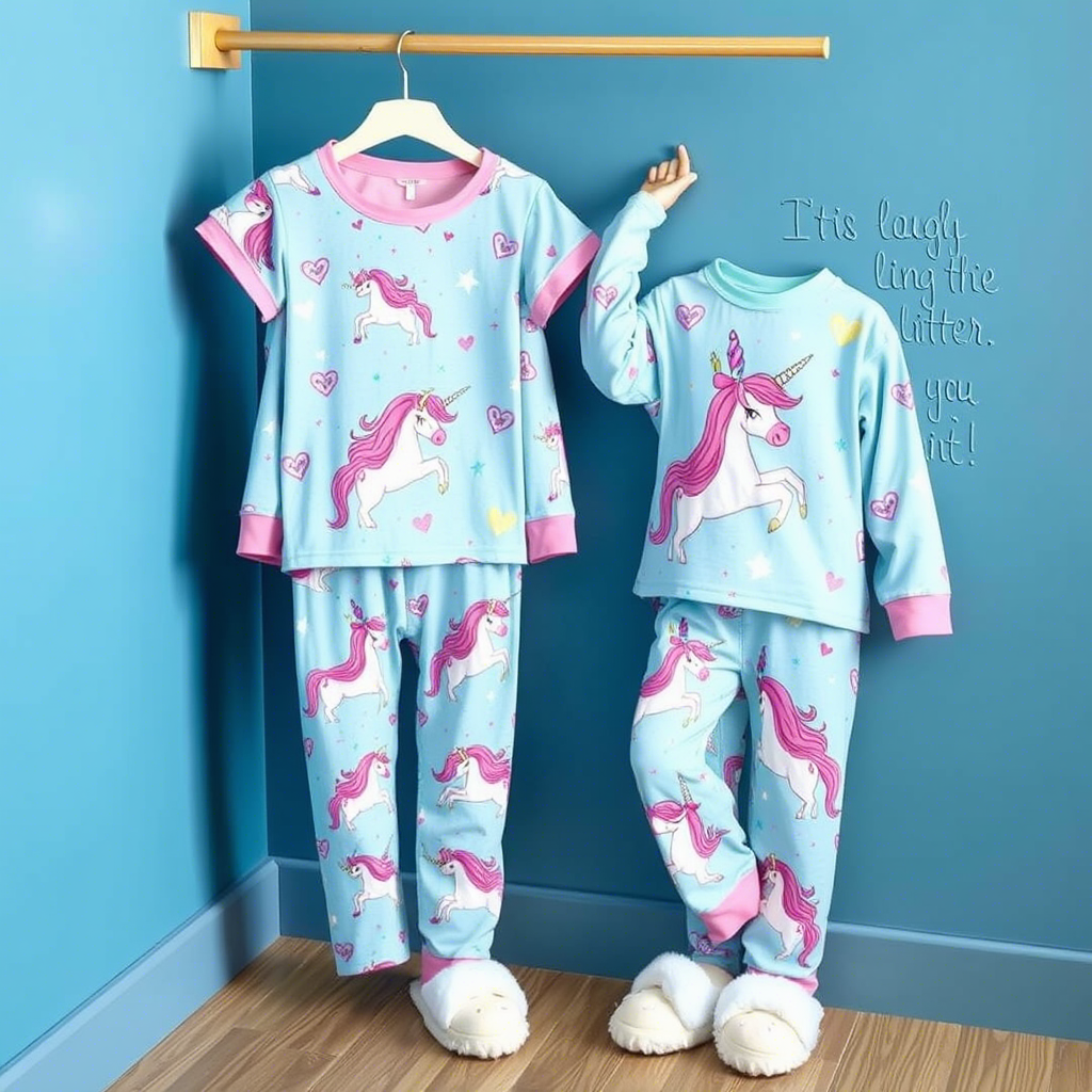 Adorable unicorn themed pajama set for young girls with matching slippers