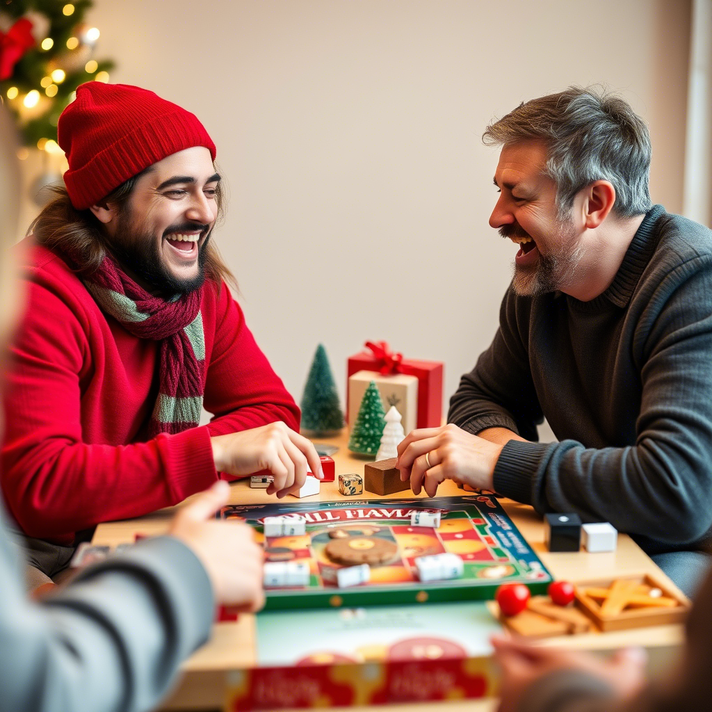 Adults laughing while playing holiday board games