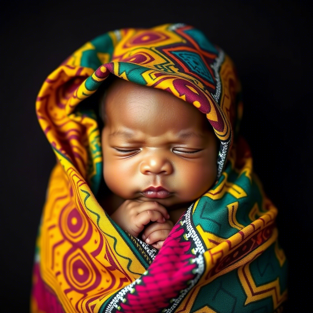 African newborn wrapped in vibrant kente cloth garments