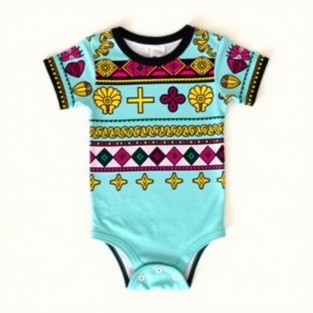 African print baby onesie with bright Adinkra symbols and patterns