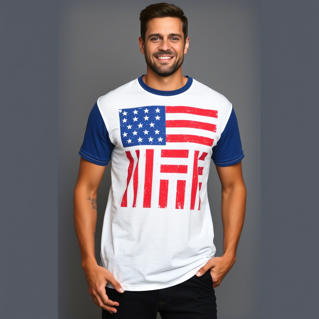 American flag printed t-shirt on a smiling adult model