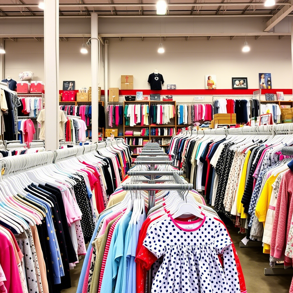 American kids fashion wholesale warehouse with diverse clothing racks