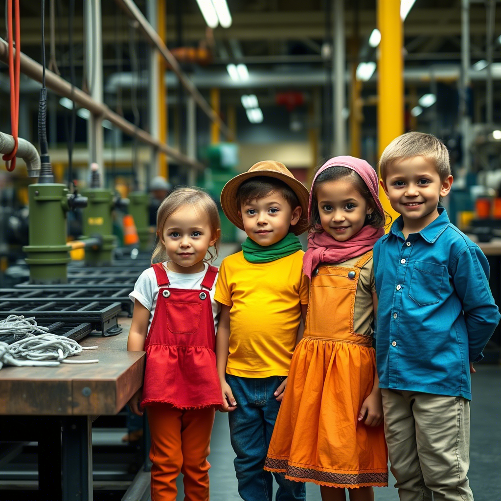 American kids wearing colorful clothes in a factory setting