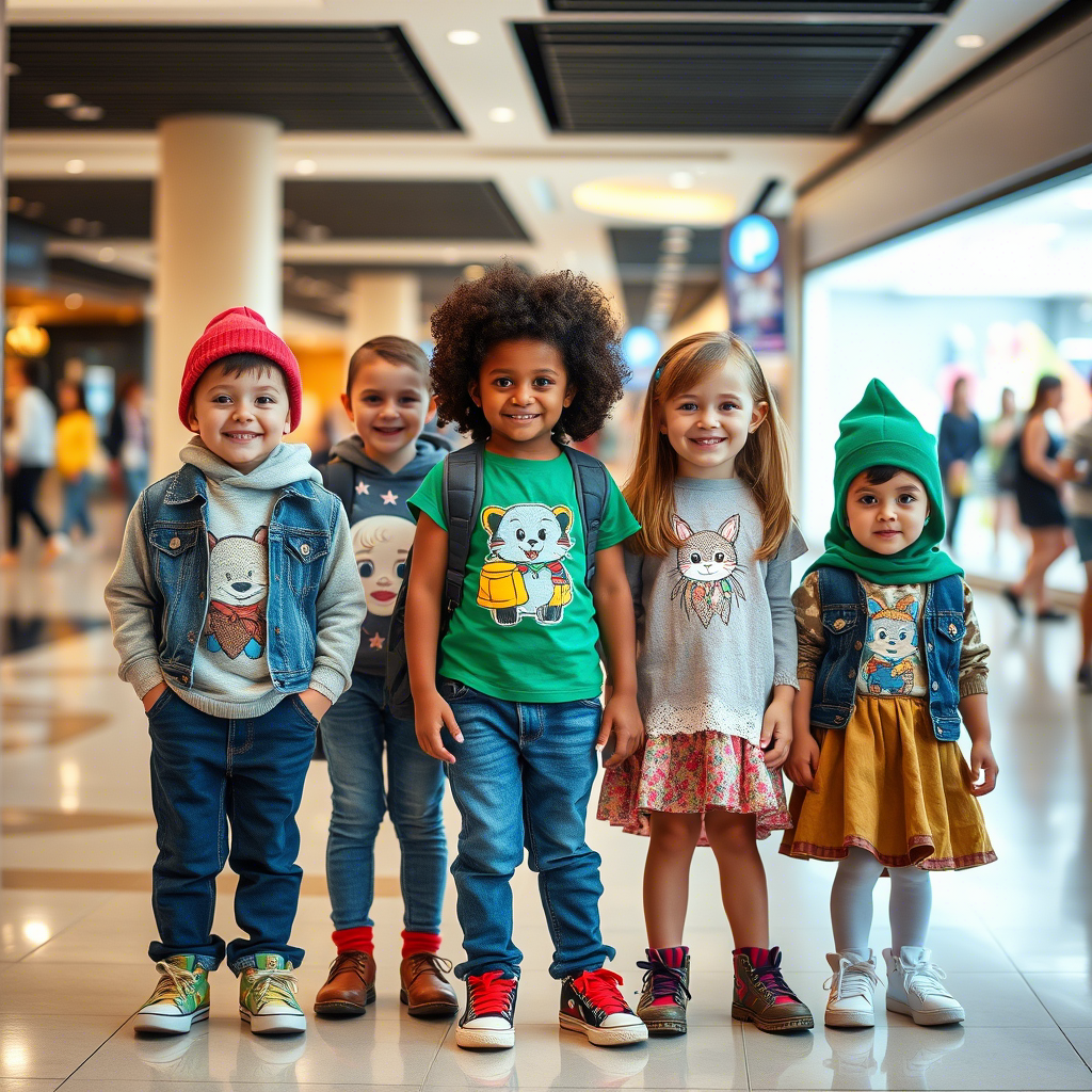 American kids wearing diverse outfits in a mall