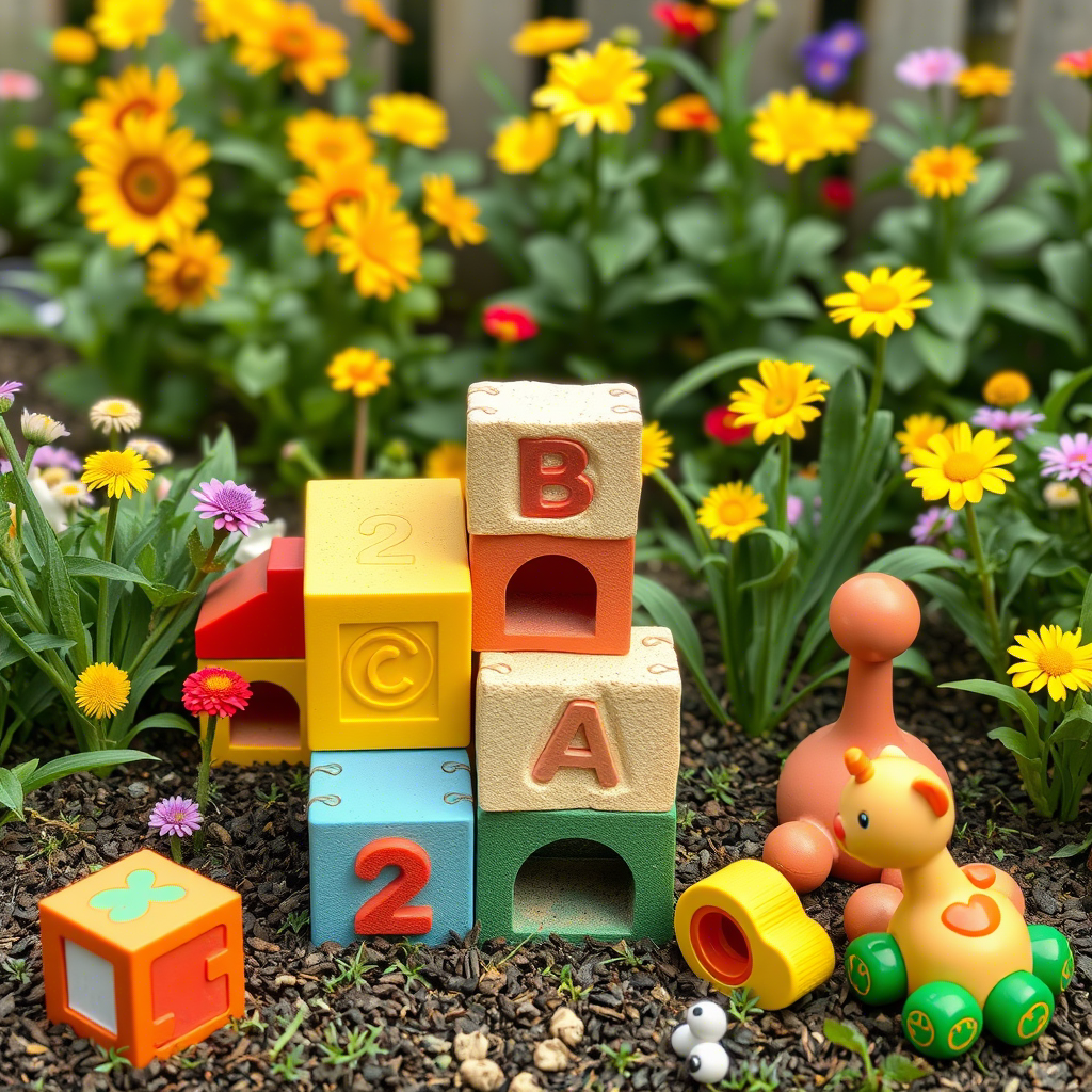 Baby blocks and toys arranged in a colorful garden scene