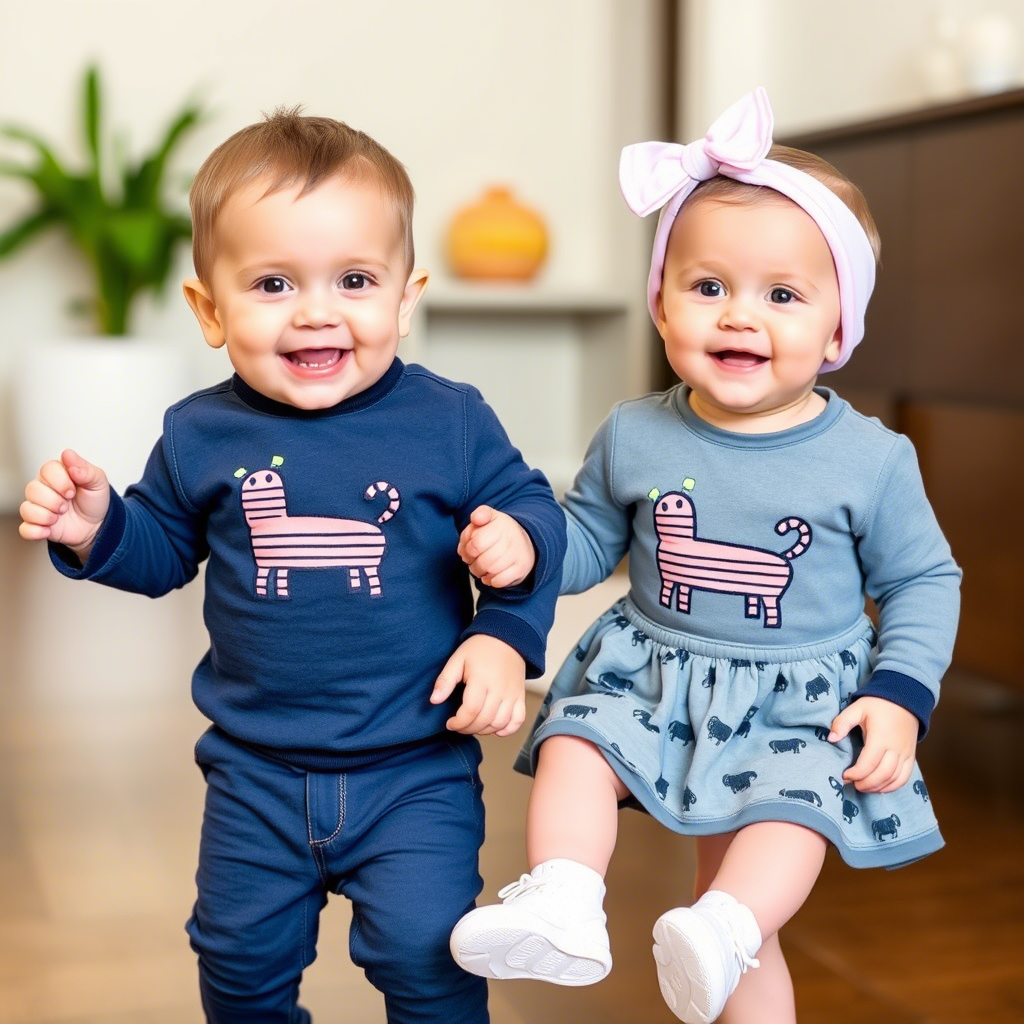 Baby boy and girl twins in matching outfits having fun together