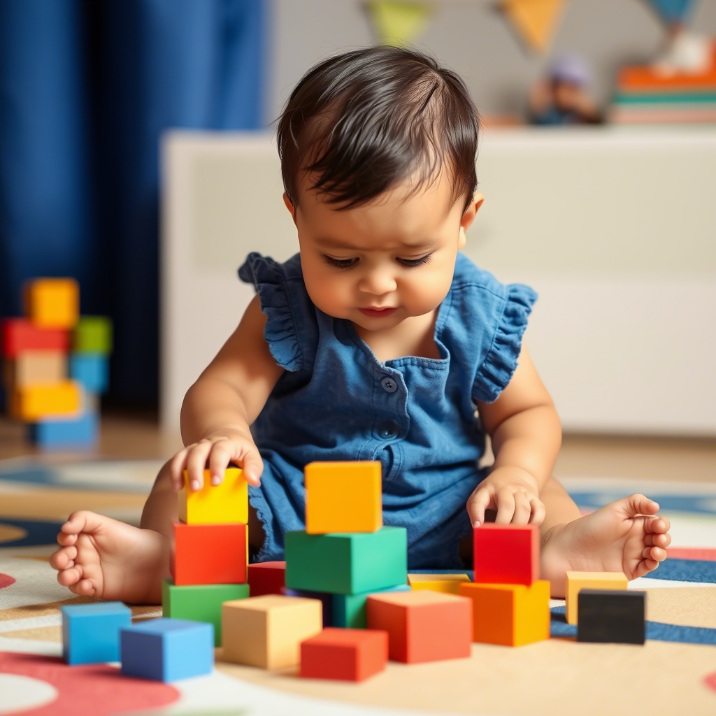Baby boy in blue romper playing with colorful blocks