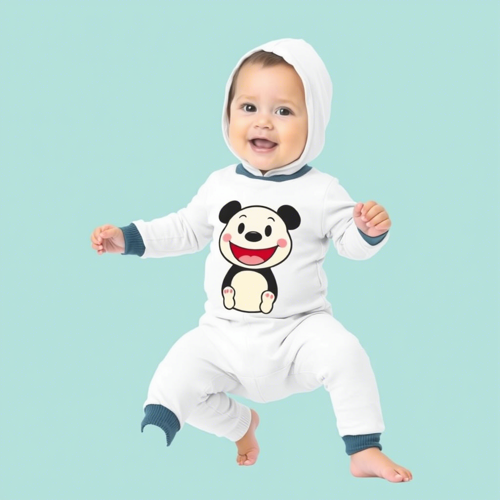 Baby boy in trendy onesie with cartoon character design