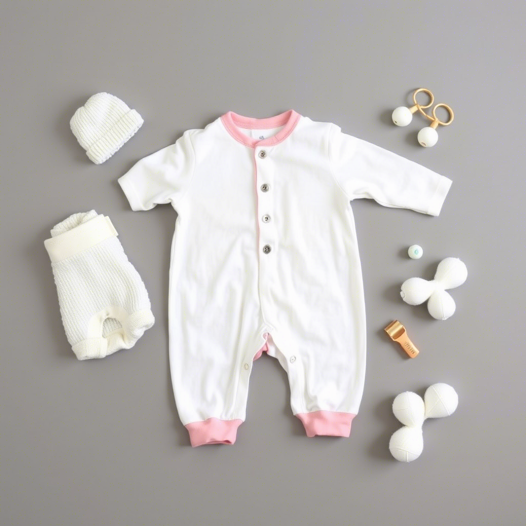 Baby clothes laid out on a minimalist background with a few essential items