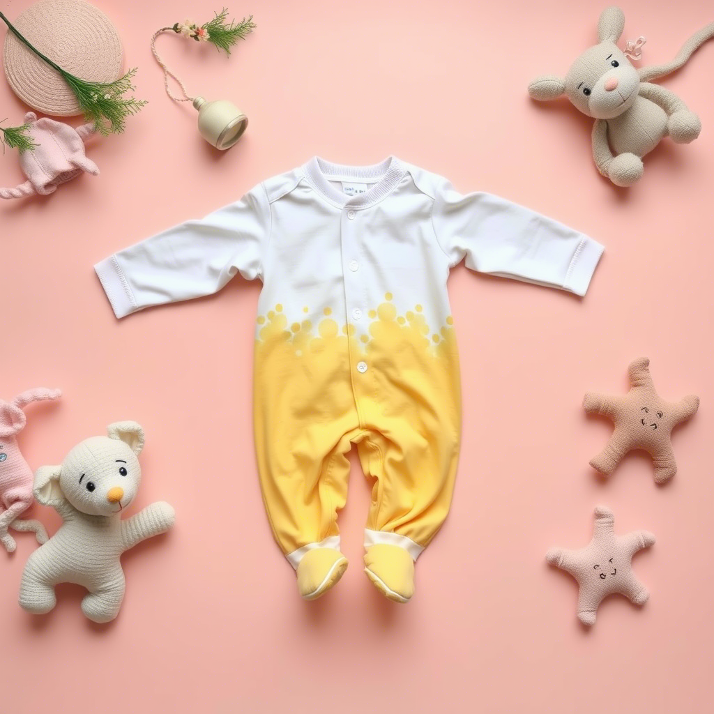 Baby clothes laid out on a pastel colored background with soft toys