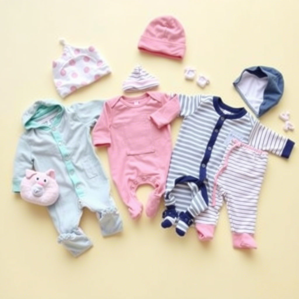 Baby clothes laid out on a pastel colored background
