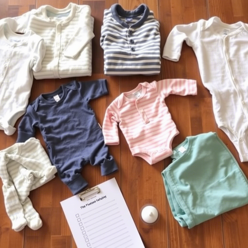 Baby clothes laid out on a wooden table with a checklist beside them