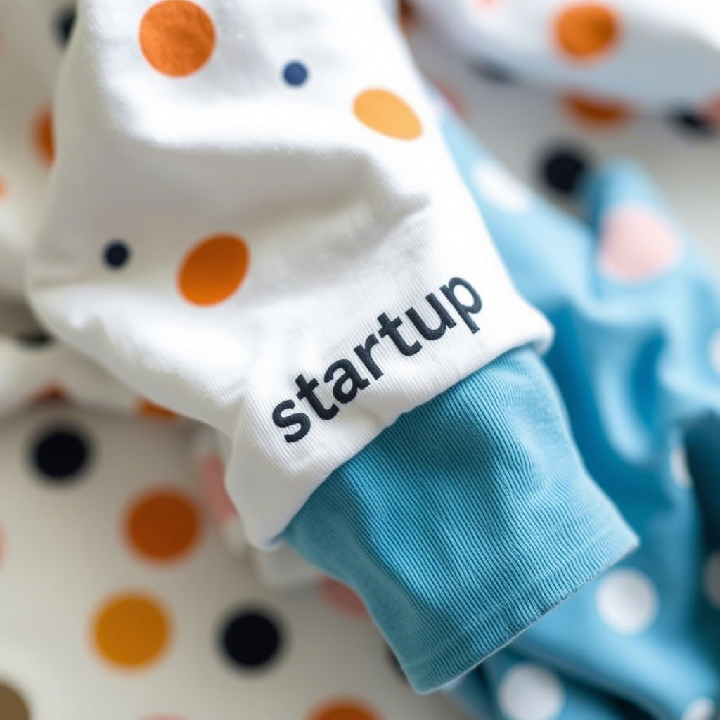 Baby clothes with startup brand name printed on sleeve