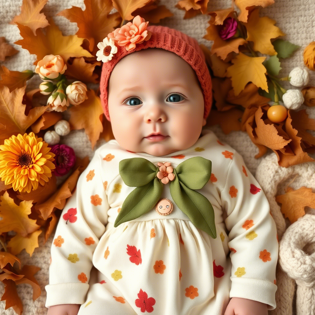 Baby dressed in spring or autumn outfit with flowers or leaves around