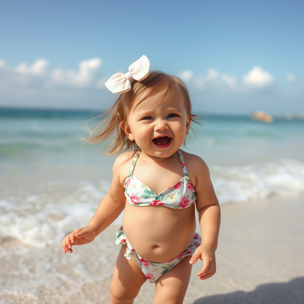 Baby girl in adorable floral bikini having fun at seaside