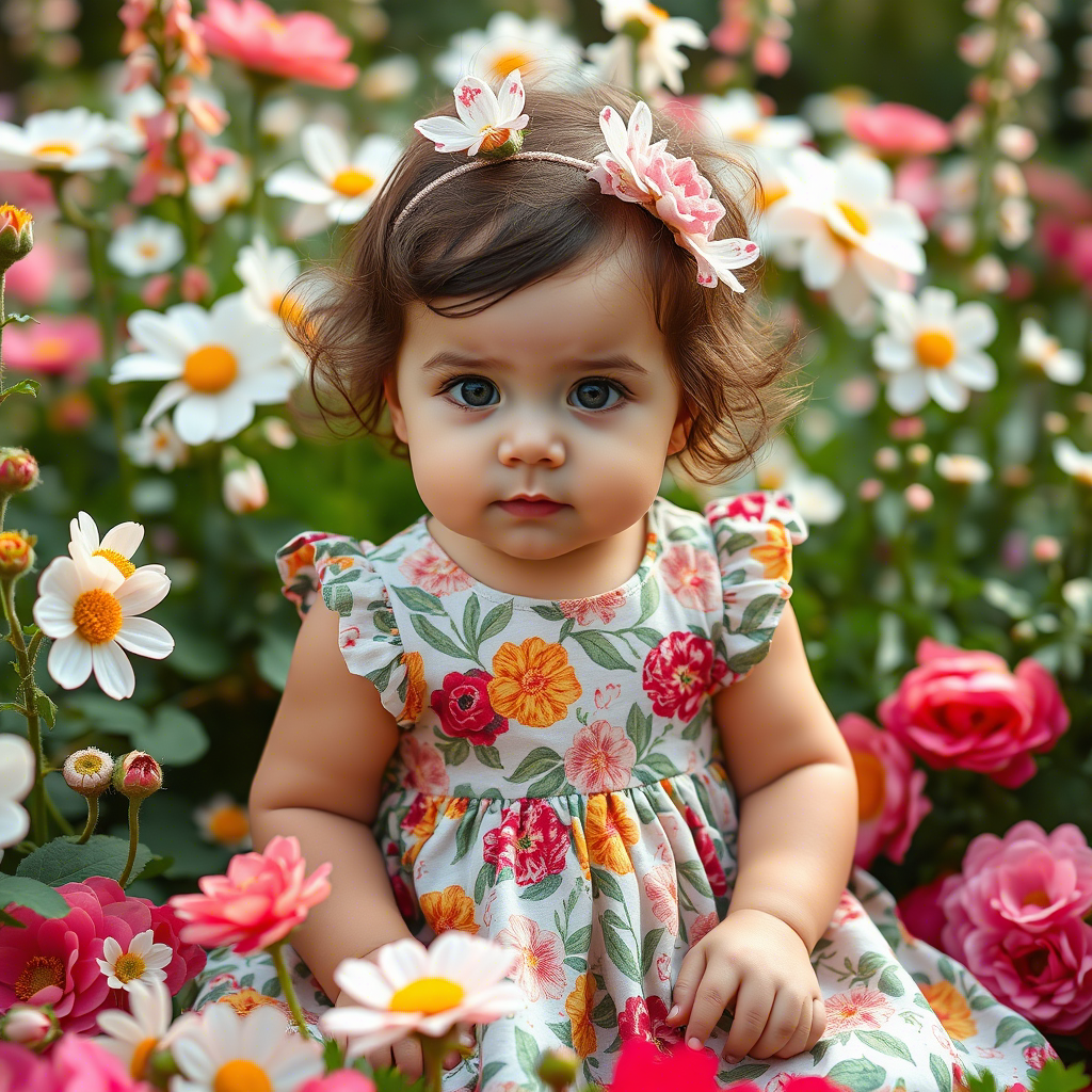 Baby girl in spring floral dress, surrounded by blooming flowers