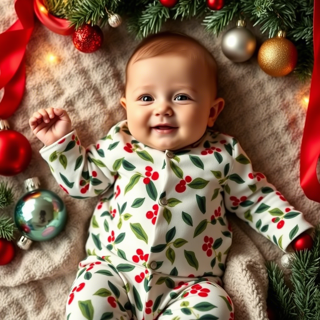 Baby in a festive holly-printed romper, surrounded by ornaments