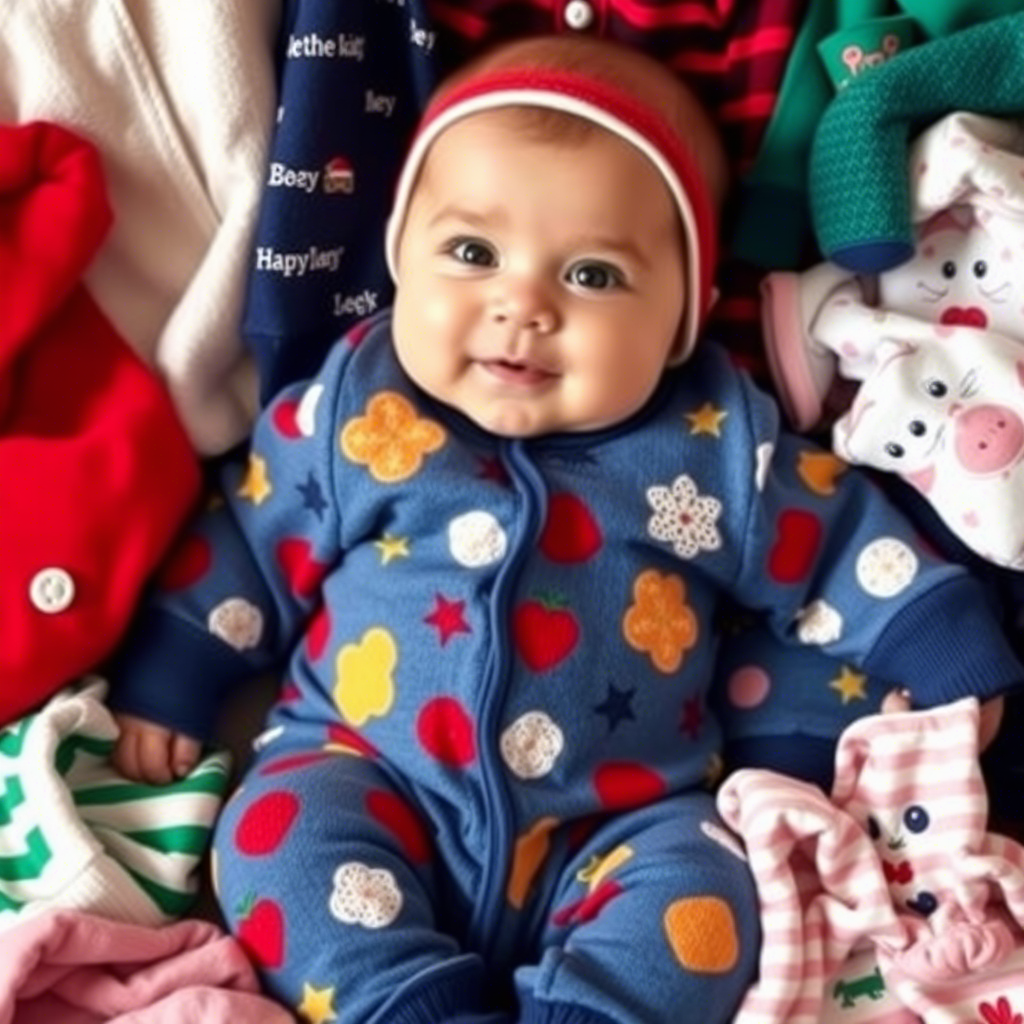 Baby in colorful onesie, surrounded by new clothes, festive atmosphere