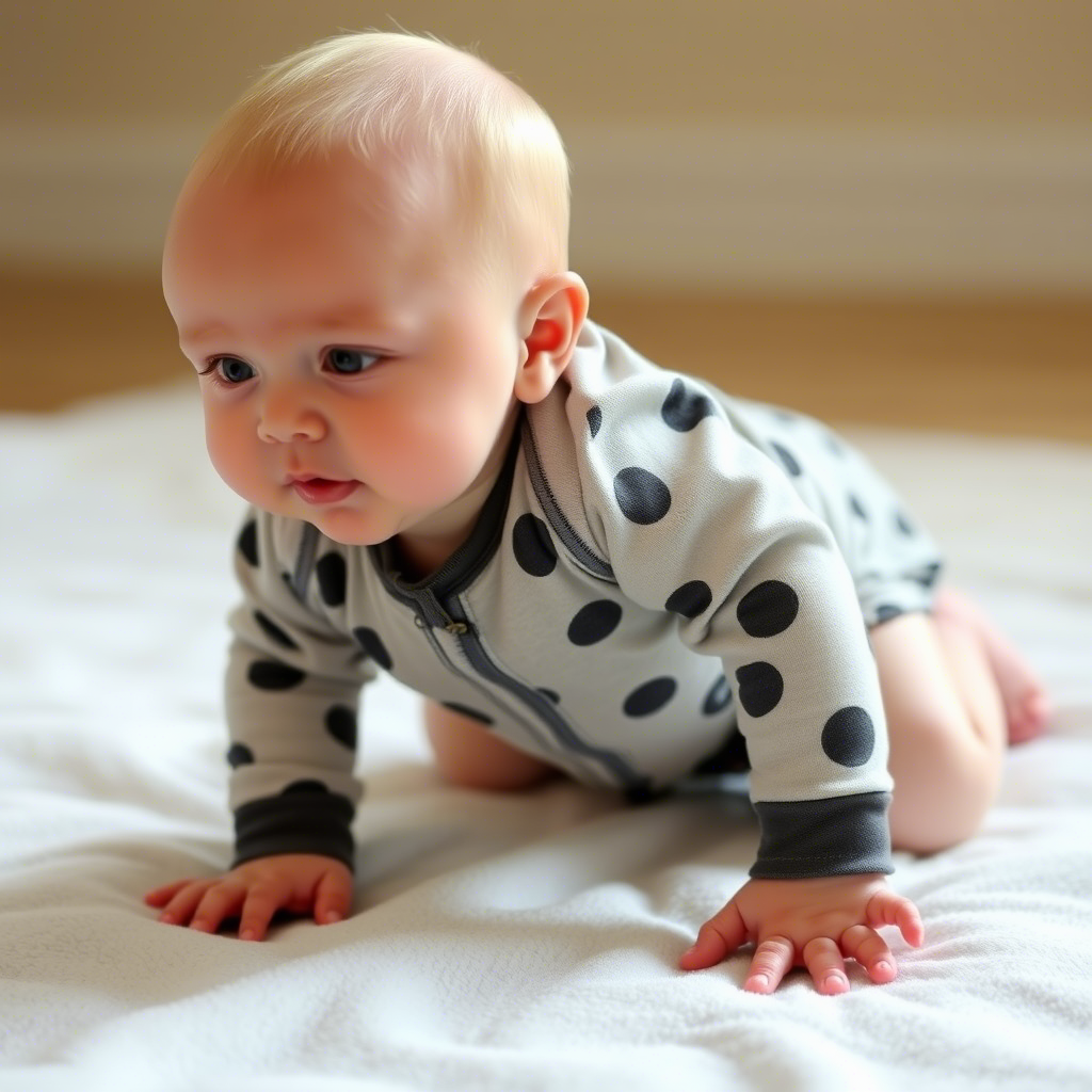 Baby in onesie crawling on a soft mat