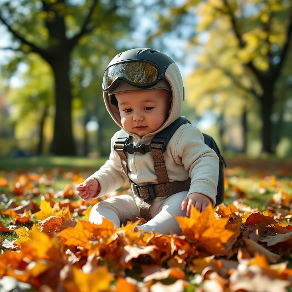 Baby in outdoor gear, playing with leaves in a sunny park