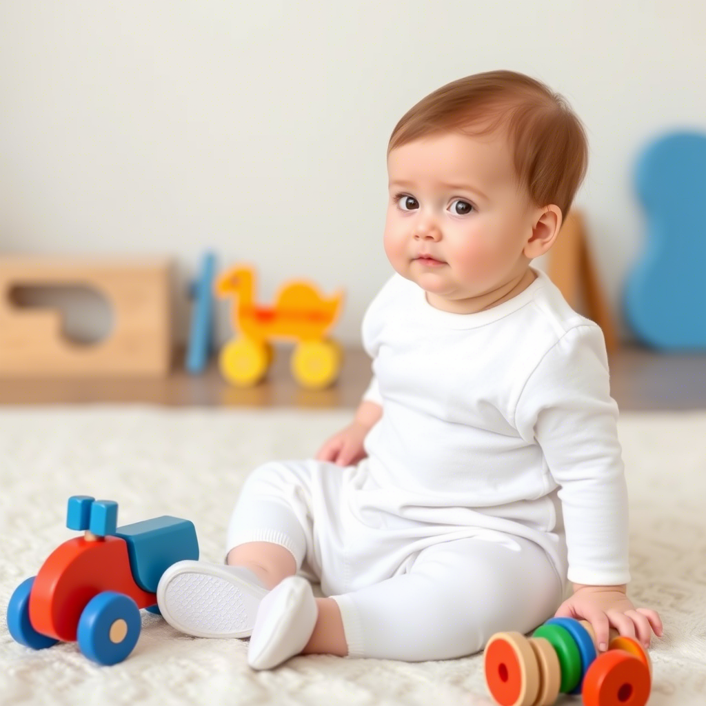 Baby in simple white romper with colorful wooden toys