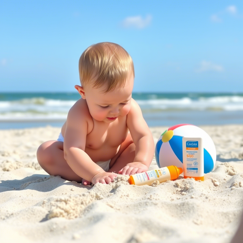Baby playing with sand near a beach ball and sunscreen bottle