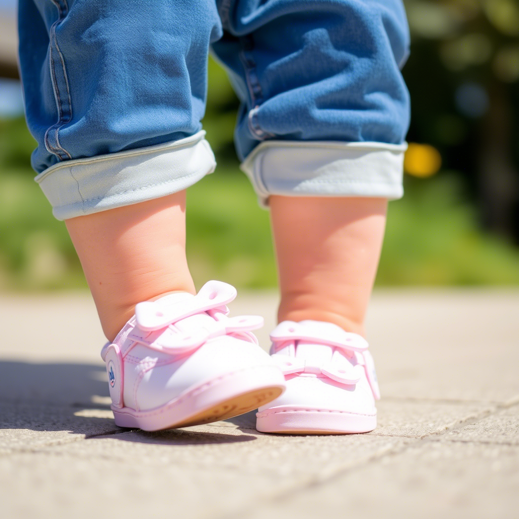 Baby wearing adorable shoes on a sunny day outdoors