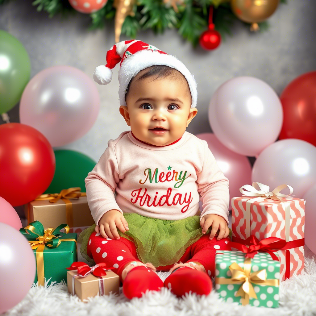 Baby wearing festive holiday outfit, surrounded by balloons and gifts.