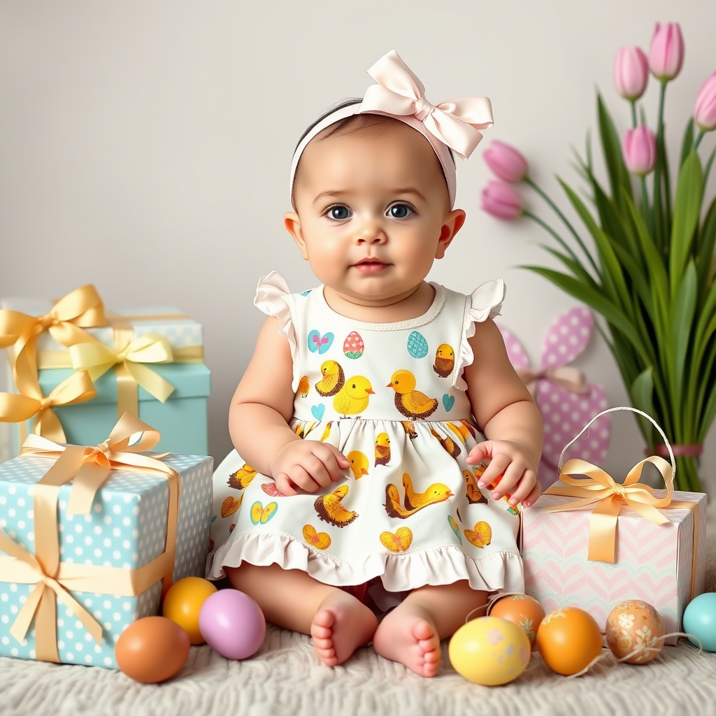 Baby wearing Lezonkids Easter dress, surrounded by gift boxes and eggs