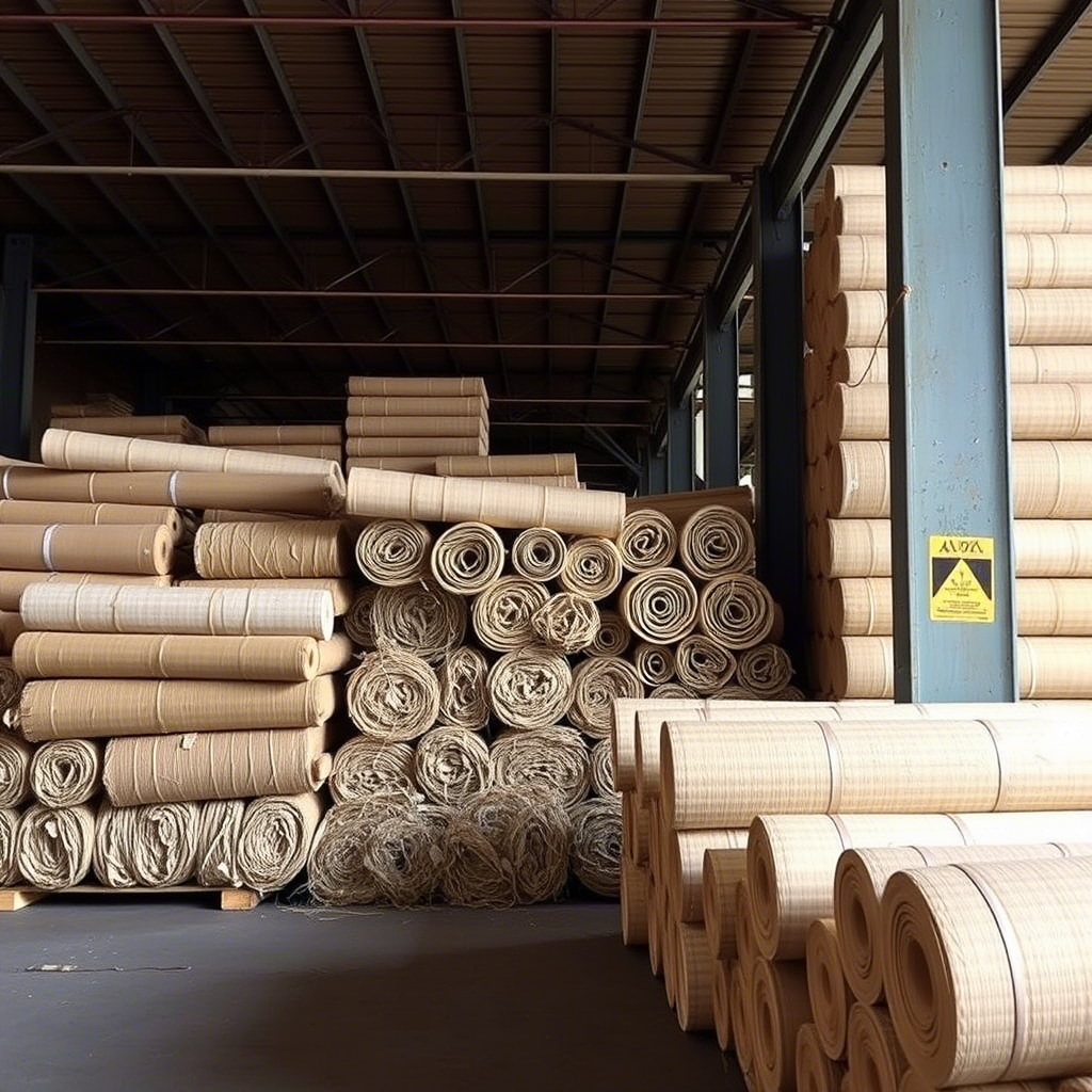 Bamboo fabric rolls stacked in a wholesale textile warehouse facility