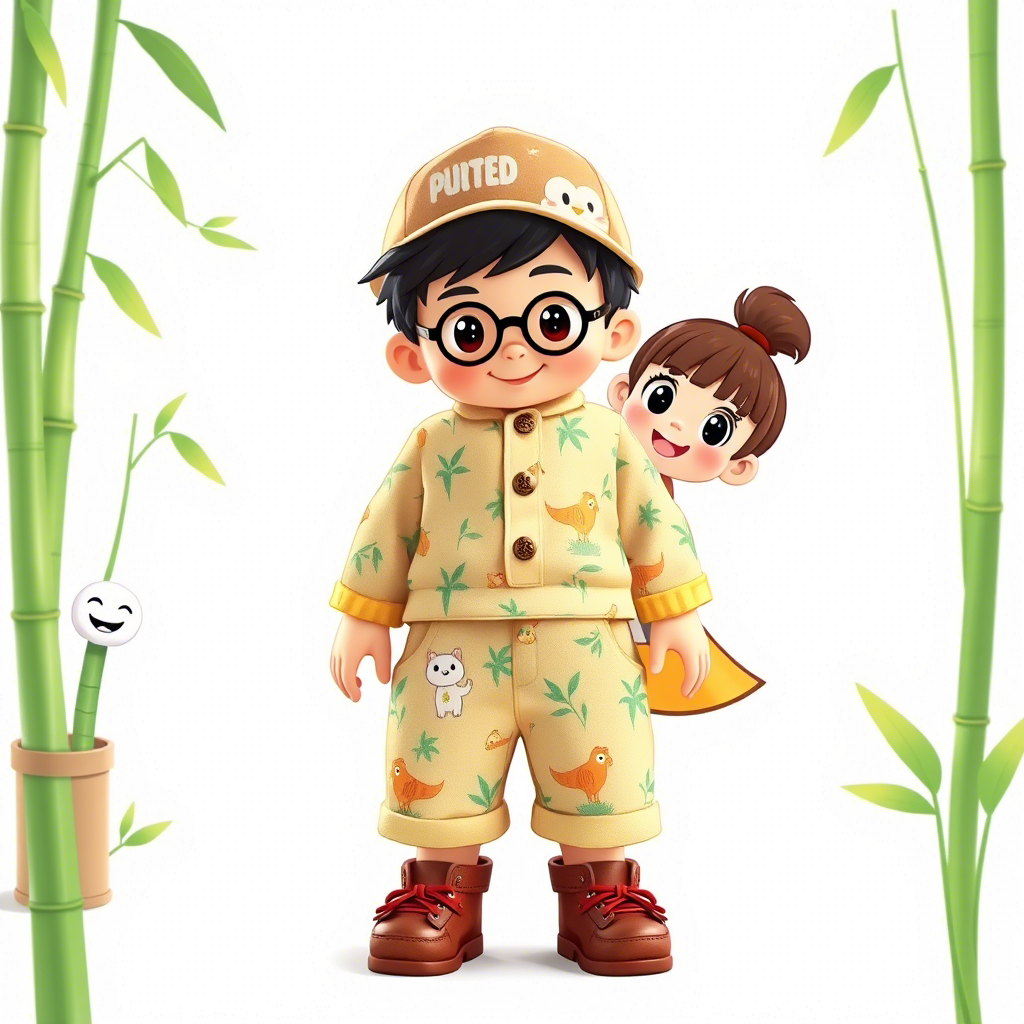 Bamboo kids’ outfit with cartoon characters on a white background