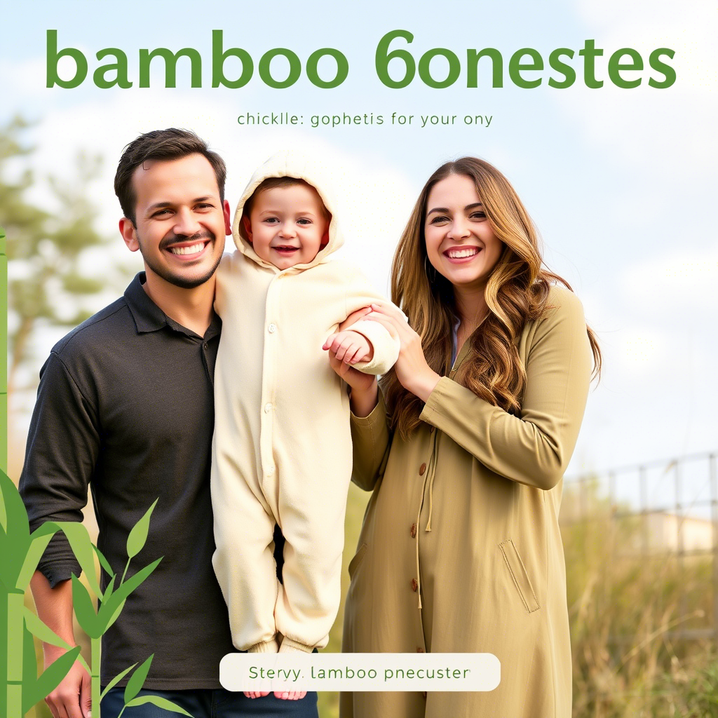 Bamboo onesie advertisement with happy parents and baby outdoors