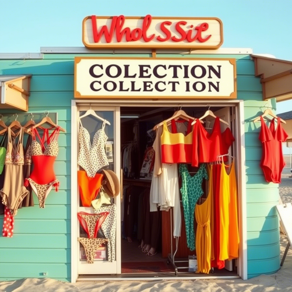 Beachside storefront displaying wholesale swimsuit collection