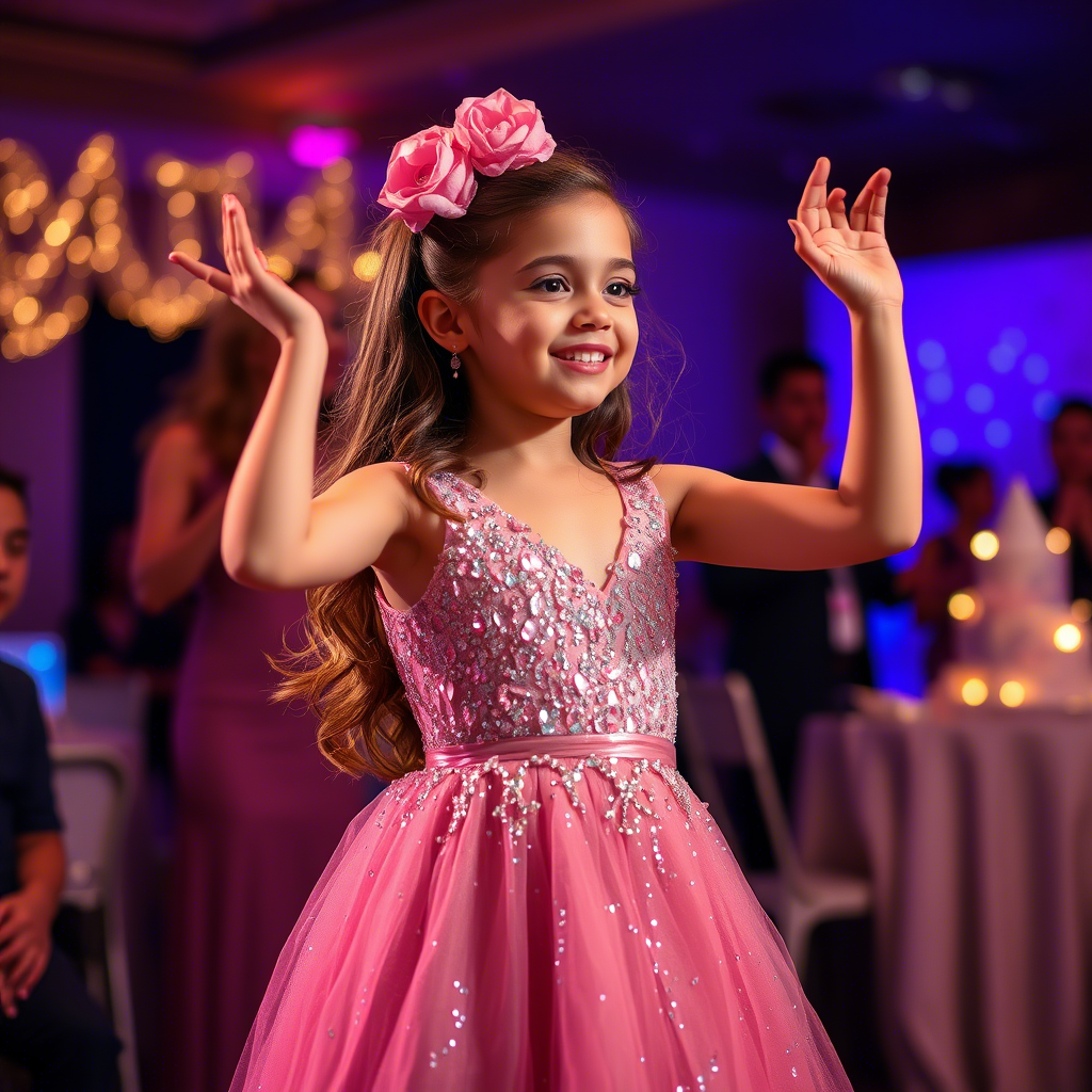 Beautiful girl in sparkly evening dress performing at birthday bash