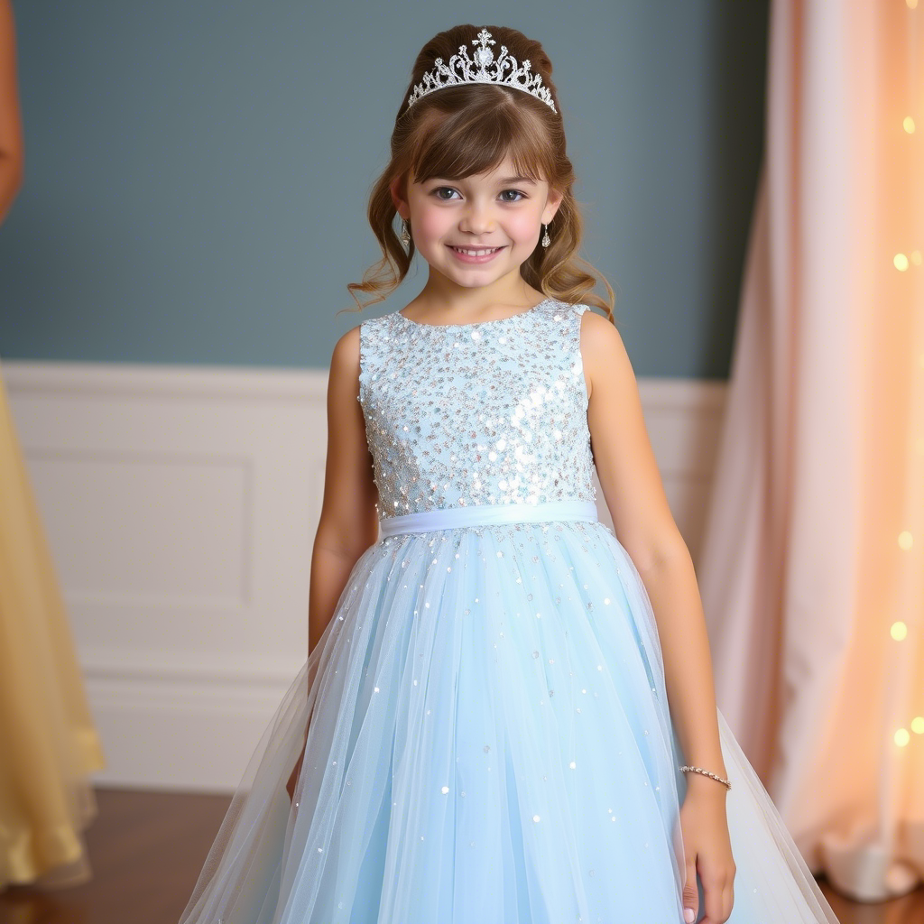 Beautiful little princess in a sparkly sequin gown for a special occasion