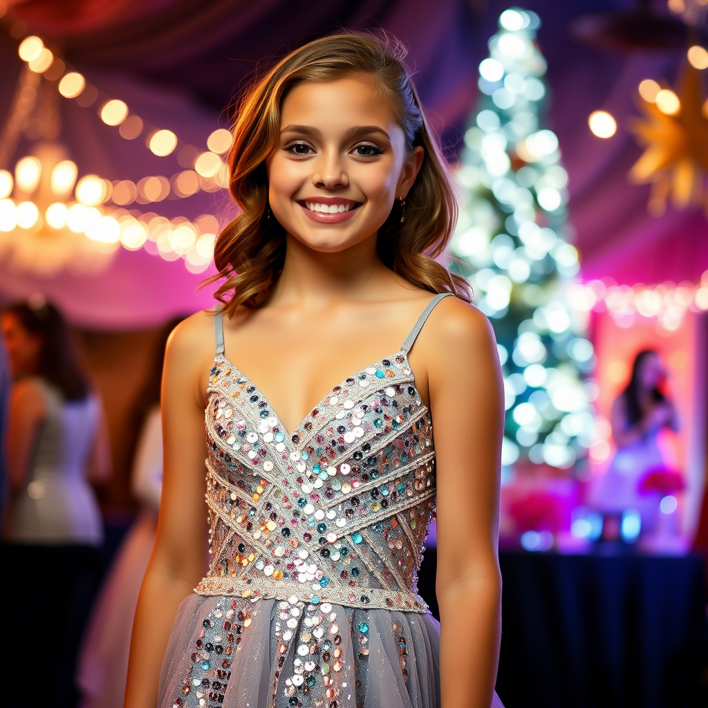 Beautiful teenage girl in a dazzling sequin dress at a festive celebration