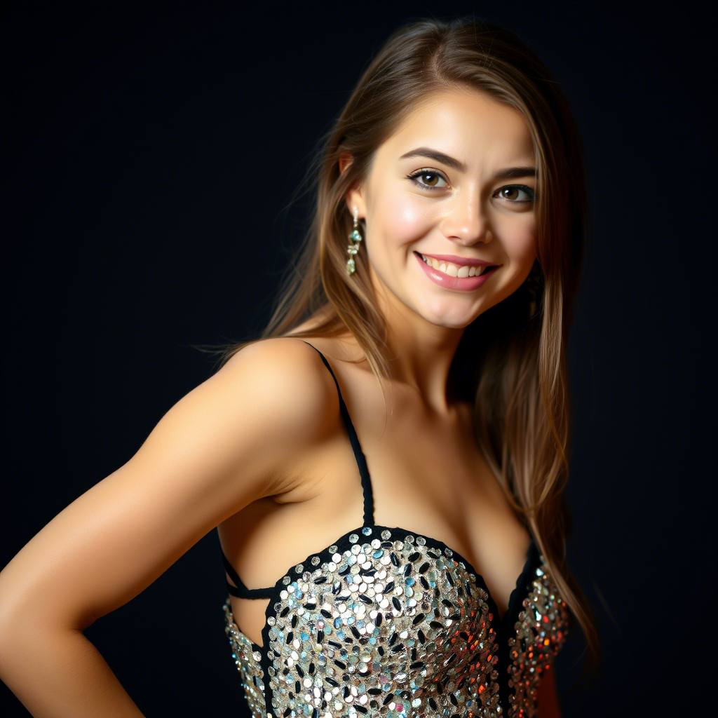 Beautiful teenage girl posing in a glamorous sequin party dress