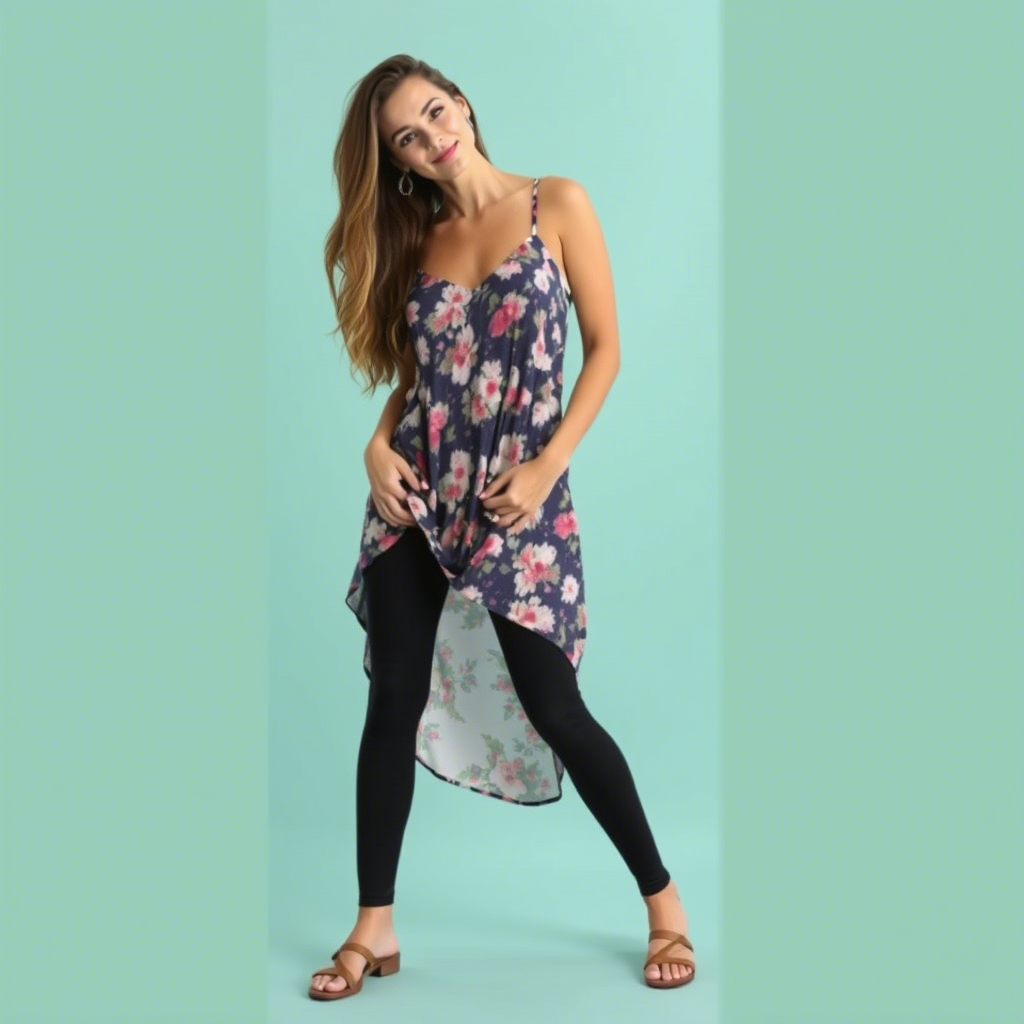Beautiful woman modeling comfortable wholesale leggings and a chic summer dress