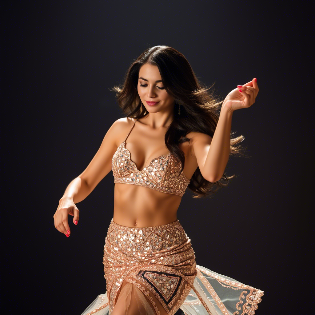 Beautiful young woman dancing in a shimmering sequined skirt