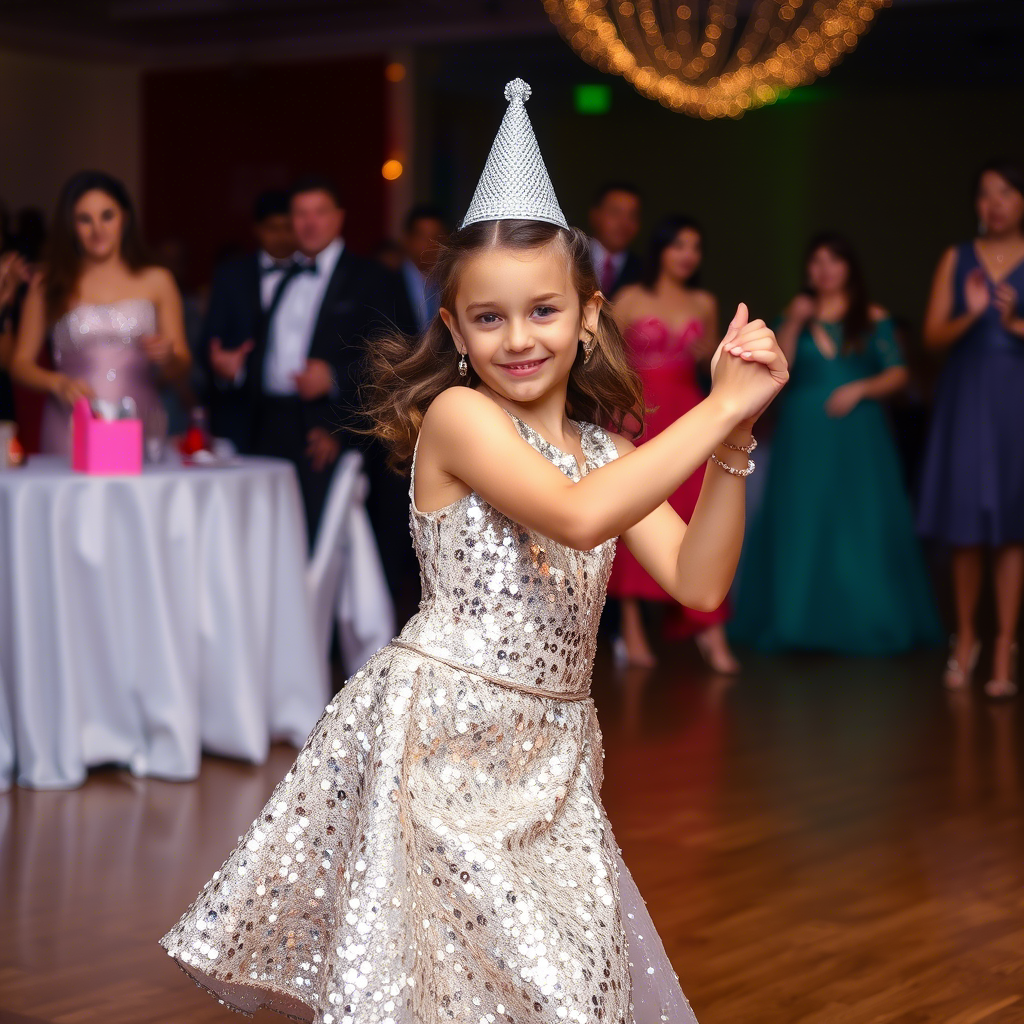 Birthday girl in shimmering silver sequin evening dress dancing